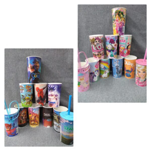 Vaso plastico personajes c/tapa y sorbete