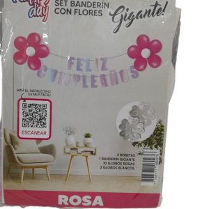 Set banderin flores "Feliz cumple" rosa