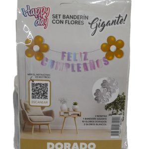 Set banderin flores "Feliz cumple" dorado