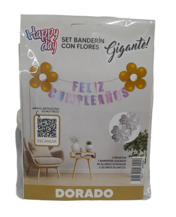 Set banderin flores "Feliz cumple" dorado