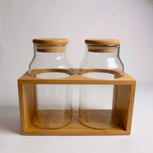 Especiero de vidrio x2 con rack y tapa de medera