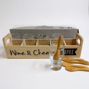 Vasitos de shot x5 con cucharitas y rack de madera