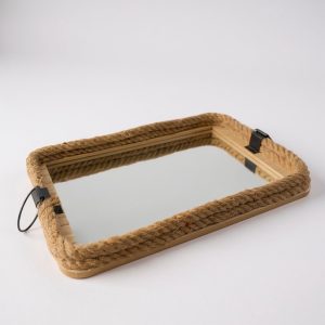 Bandeja espejada madera y rafia grande rectangular  44x27cm