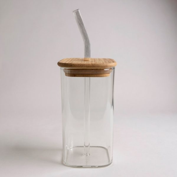 Vaso vidrio tapa de bamboo con sorbete
