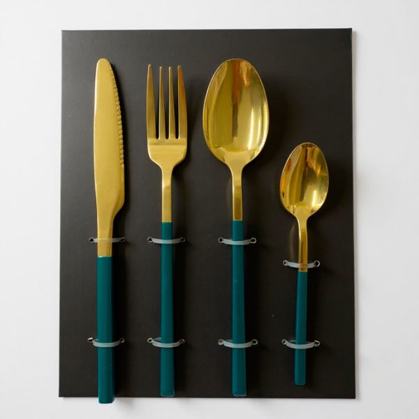 Set de cubiertos x24 verde y dorado