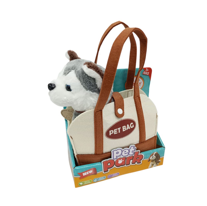 Perro siberiano de peluche con bolso