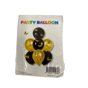 Set de globos dorado y negro 12 pulgadas con mariposas