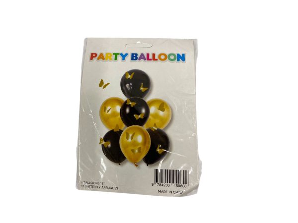 Set de globos dorado y negro 12 pulgadas con mariposas