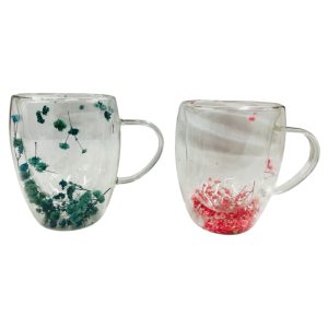 Taza doble vidrio 350ml con flores
