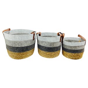 Set de canastos rafia y felpa asas cuero