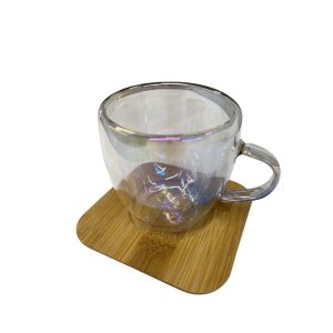 Taza doble vidrio tornadolada 100m con base de madera