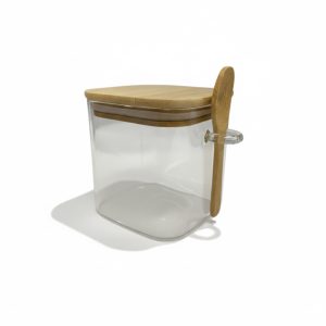 Frasco de vidrio cuadrado con tapa y cuchara de bamboo