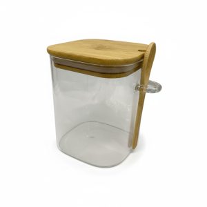 Frasco de vidrio cuadrado tapa y cuchara bamboo