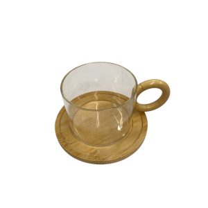 Taza de vidrio con asa y plato de bamboo art.20771